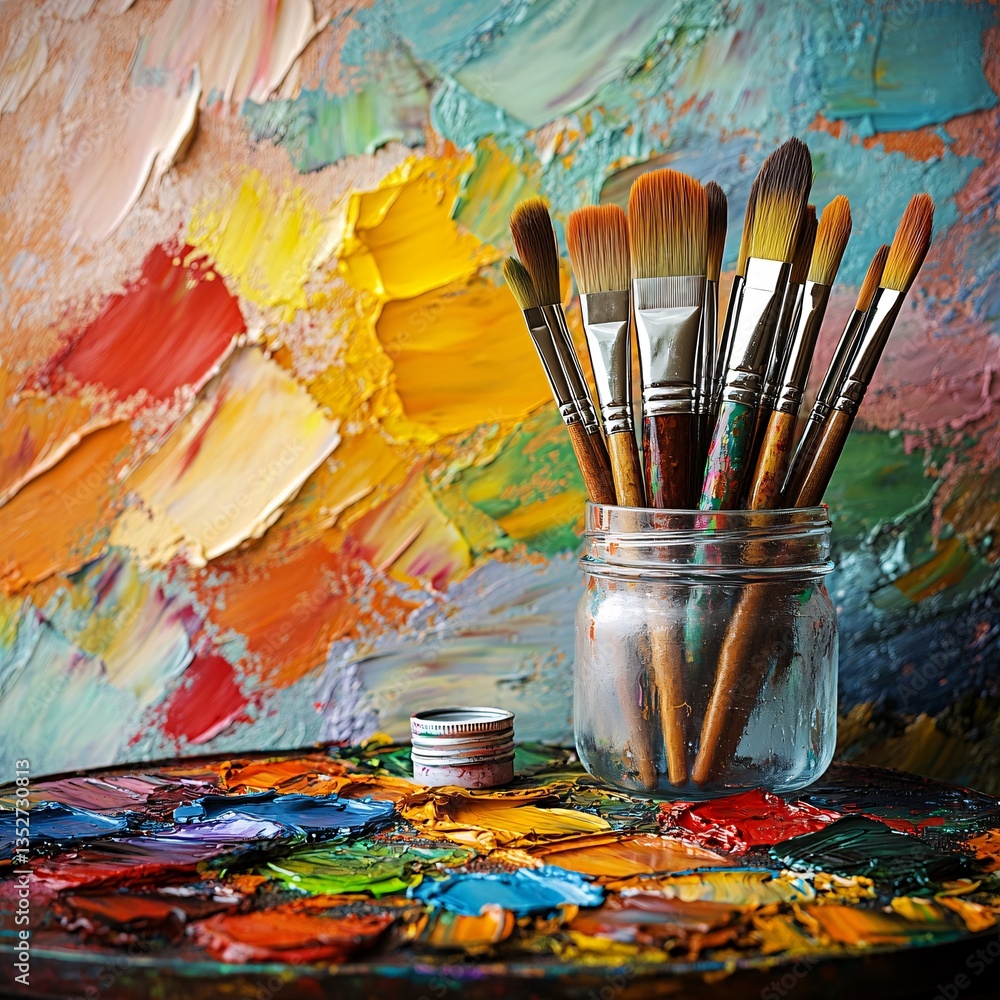 Fototapeta premium Paintbrushes in jar, palette, and abstract art. Art supplies, creative process
