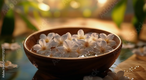 Tranquil Bowl of Floating Flowers in Serene Water Setting Creates Peaceful At...