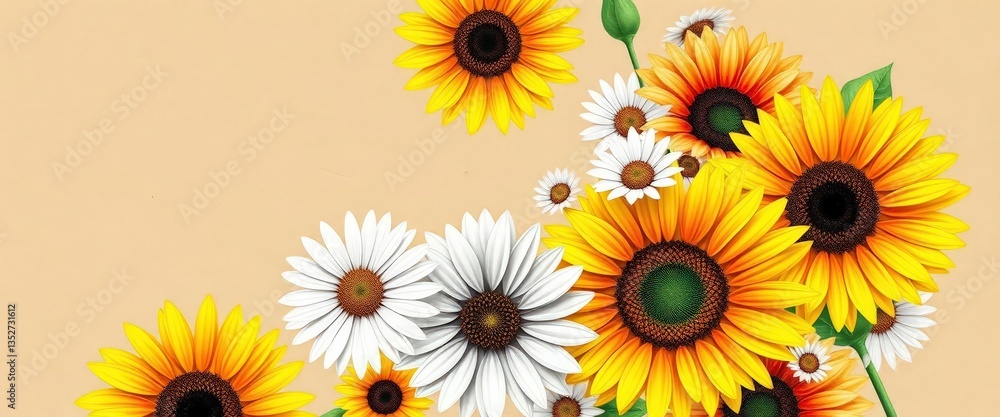 Obraz premium Vibrant watercolor sunflowers & daisies bouquet on rustic kraft paper background, invitation, nature