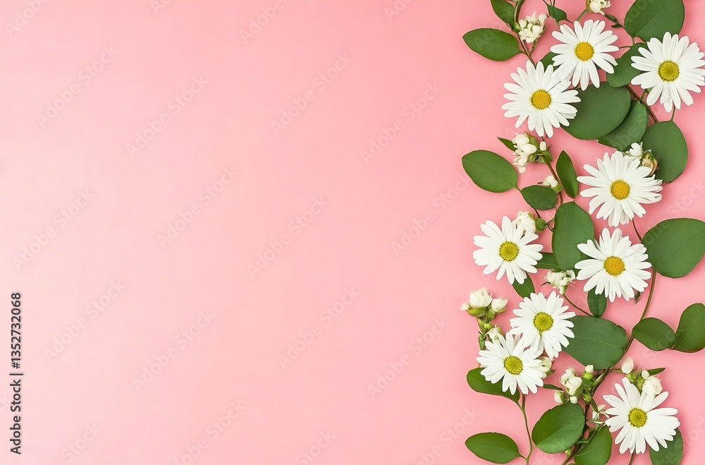 Photograph of a daisy chain on a pink background, in a flat lay style with white flowers and green leaves forming an intricate pattern along the left side border, creating a minimalist yet elegant co Photograph of a daisy chain on a pink background, in a flat lay style with white flowers and green leaves forming an intricate pattern along the left side border, creating a minimalist yet elegant co