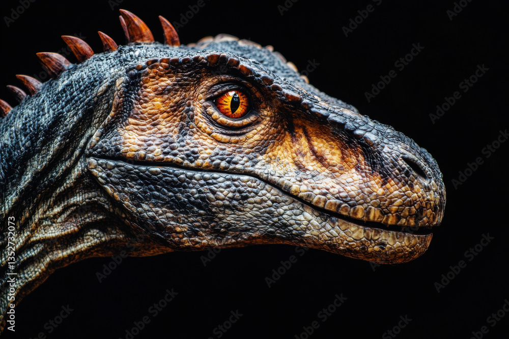 Fototapeta premium Dinosaur head with orange eye looking intensely on dark background
