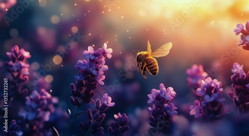 Close-up View of a Bee Collecting Pollen From Vibrant Purple Flowers During G...