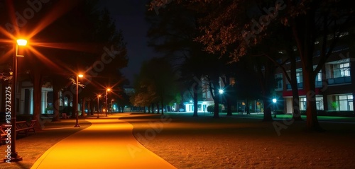 Warm light illuminates a pathway winding through a university campus at night, knowledge, night