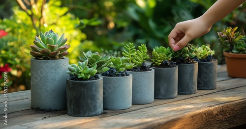 Hands Arranging Succulent Plants in Decorative Pots on a Wooden Table During ...