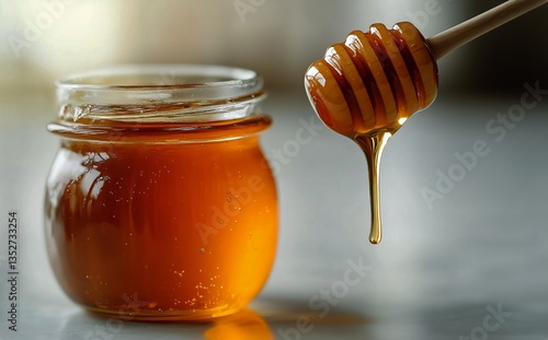 Golden Honey Dripping From a Wooden Dipper Into a Jar on a Rustic Wooden Surface