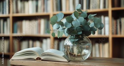 Eucalyptus Arrangement Beside an Open Book in a Cozy Reading Space at Home