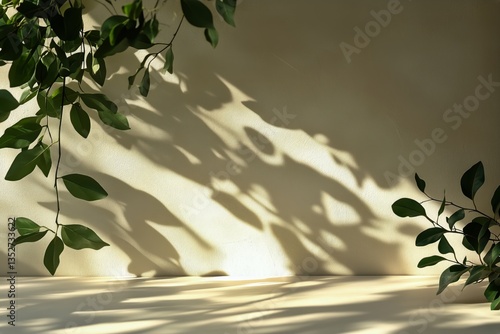 Sunlight Casting Shadows on a Wall With Green Leaves Creating a Peaceful Atmo...