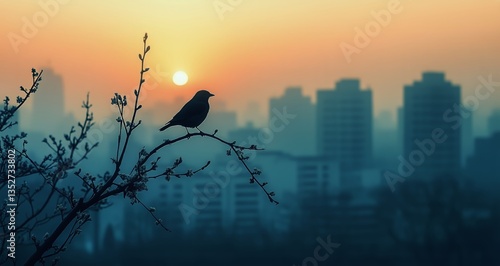 Bird Perched on a Branch at Sunset Overlooking a City Skyline Silhouette