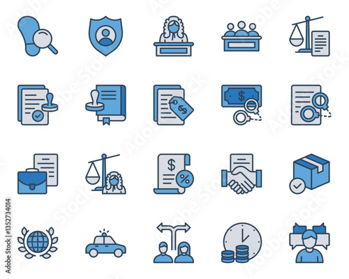 Filled blue outline icons set for Law and Justice.