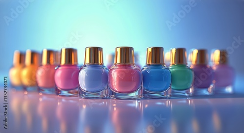 Colorful Nail Polish Bottles Arranged in Creative Display With Festive Lights...
