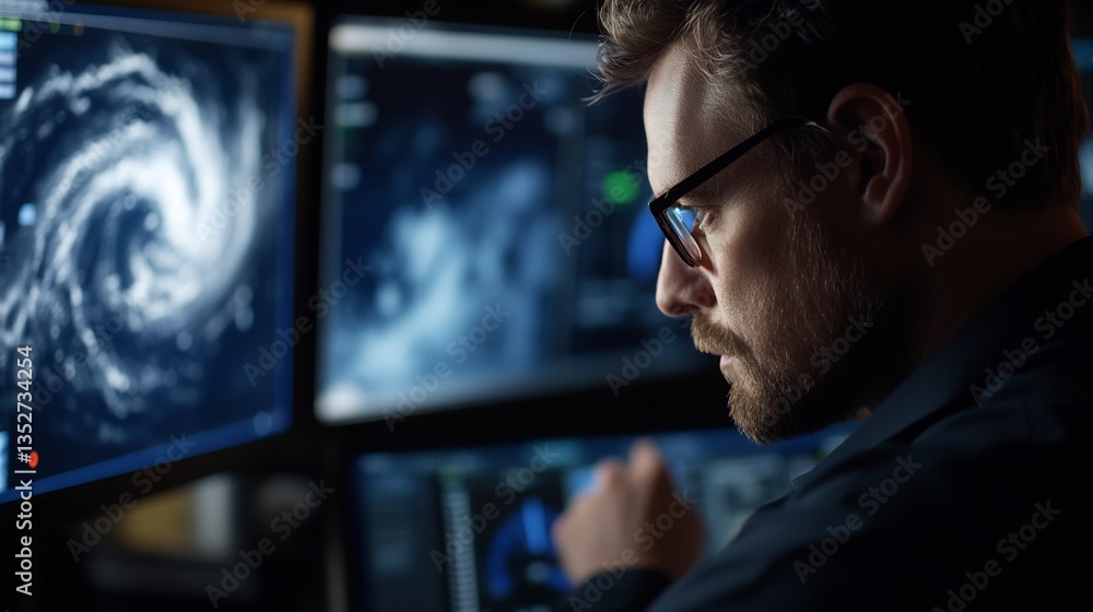 Concentrated meteorologist analyzes storm data on multiple monitors closely Concentrated meteorologist analyzes storm data on multiple monitors closely