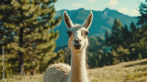 a llama in a field with mountains in the background 