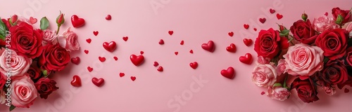 Elegant Bouquet of Red and Pink Roses With Heart Shapes on Pastel Pink Backgr...