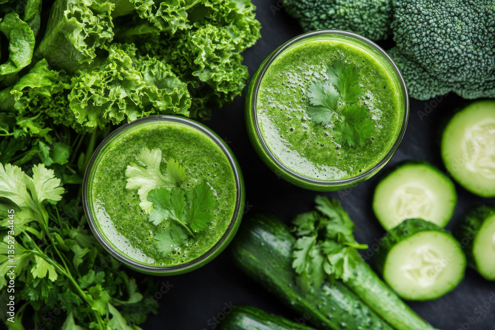 Green vegetables and healthy smoothies promoting wellbeing and detox Green vegetables and healthy smoothies promoting wellbeing and detox