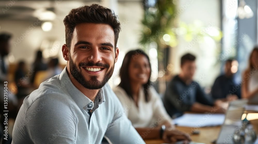 Young businessman smiling and looking at the camera while sitting in front of a group or team during a conference. Young businessman smiling and looking at the camera while sitting in front of a group or team during a conference.