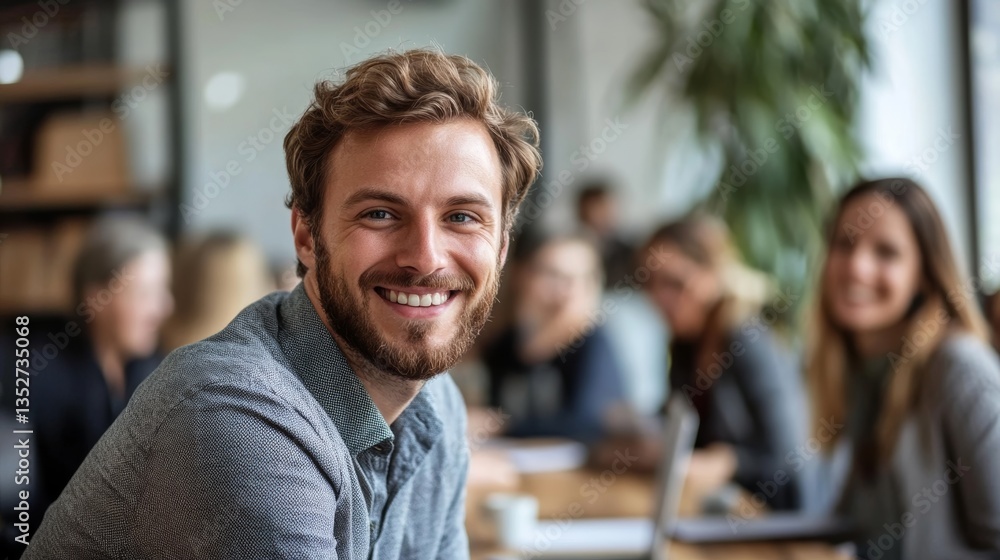 Fototapeta premium Young businessman smiling and looking at the camera while sitting in front of a group or team during a conference.