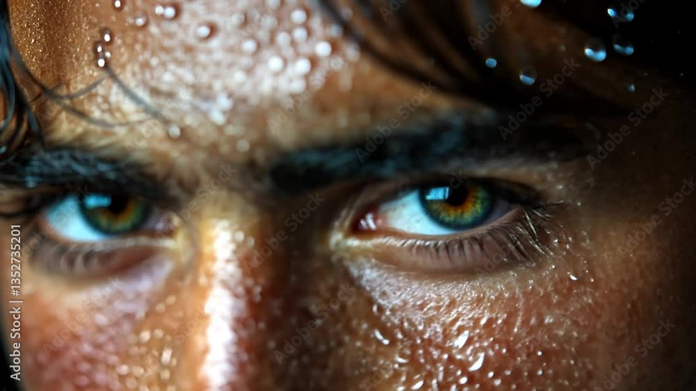 Intense Gaze: A Close-Up Portrait of a Sweaty Man Intense Gaze: A Close-Up Portrait of a Sweaty Man