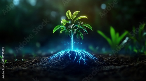 Symbiotic Growth: A Budding Sapling with Digital Roots in Dark Fertile Soil