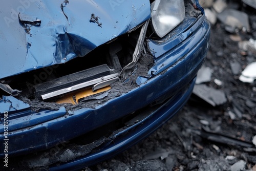 Wallpaper Mural Damaged blue car, front bumper and hood severely dented, debris scattered around the vehicle. Torontodigital.ca