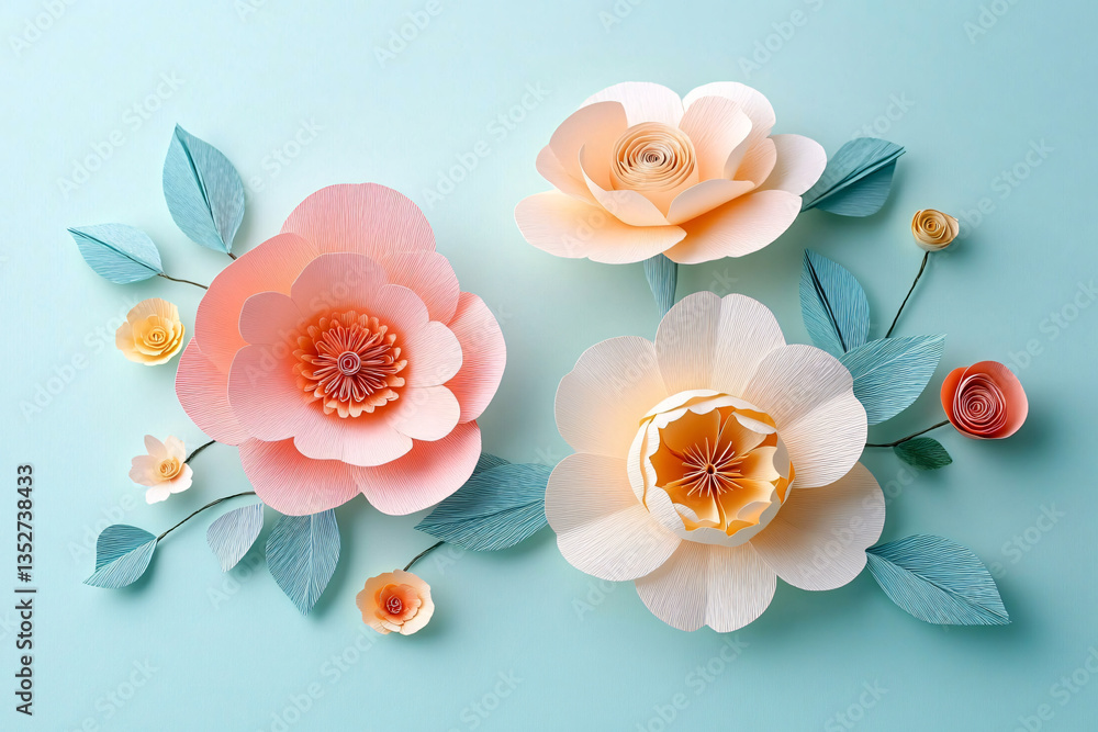 Charming flat lay of handcrafted paper flower bouquets in pastel hues, perfect for Valentine's Day, Mother's Day, and birthday celebrations, featuring ample copy space. Charming flat lay of handcrafted paper flower bouquets in pastel hues, perfect for Valentine's Day, Mother's Day, and birthday celebrations, featuring ample copy space.