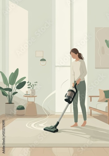 Wallpaper Mural Woman vacuuming a clean living room, showcasing modern home cleaning Torontodigital.ca