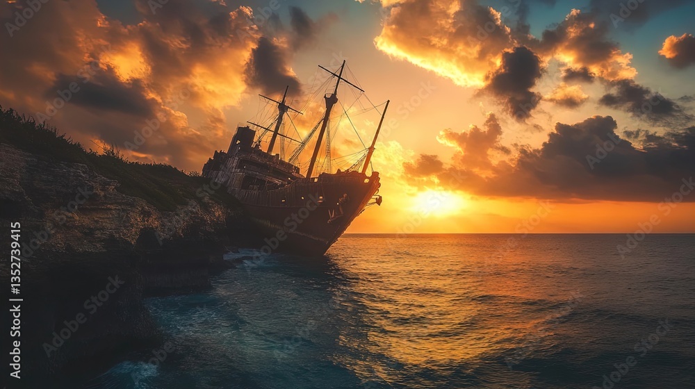 A spectacular sunset view featuring a shipwrecked pirate ship leaning precariously on rocky cliffs, surrounded by tranquil ocean waters. The golden hues of the setting sun cast dramatic shadows over t A spectacular sunset view featuring a shipwrecked pirate ship leaning precariously on rocky cliffs, surrounded by tranquil ocean waters. The golden hues of the setting sun cast dramatic shadows over t