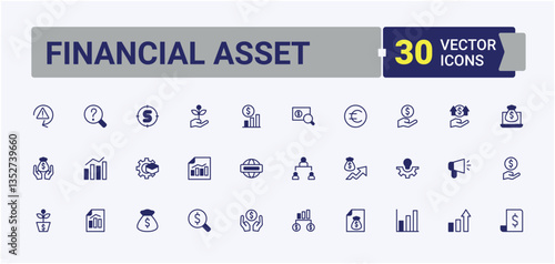Financial Asset related icon. Containing fund, finance, account, invest, income and more. Investment linear icon collection. Minimalist icons collection. Solid line editable stroke.