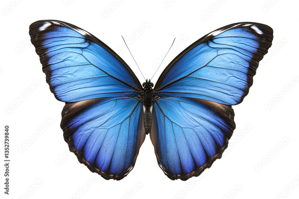 Fototapeta premium Vibrant blue butterfly with detailed wing patterns on black background, cut out