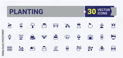 Set of Planting line icon. Contain linear sign plant, garden, environment, ecology, tree and more. Icons for website. Gardening linear icon collection. Editable stroke vector art.