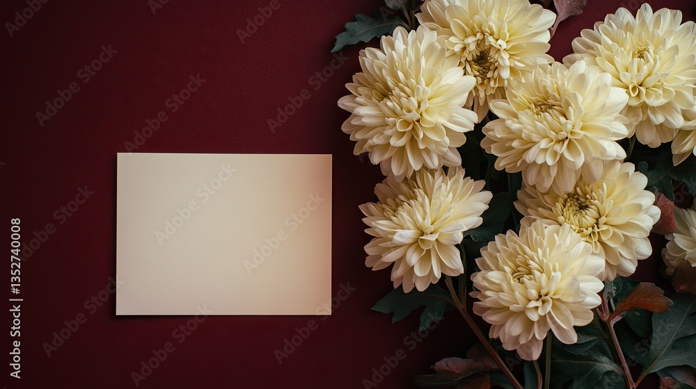Obraz premium A soft bouquet of pale yellow chrysanthemums and a blank note paper on a deep maroon background, an elegant and thoughtful way to share congratulations.