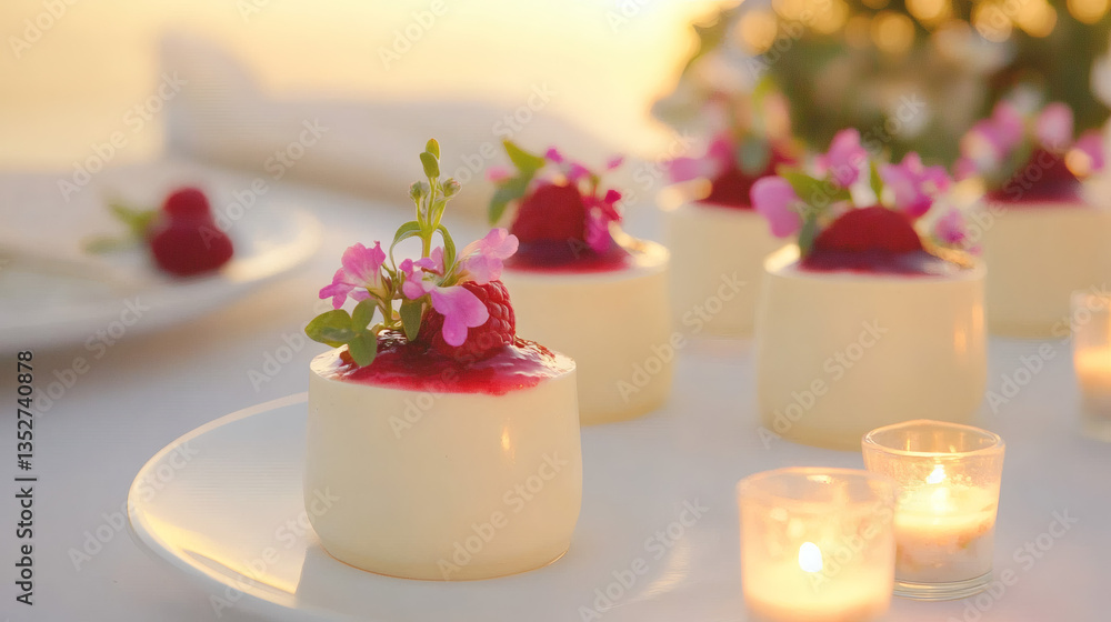 Elegant Composition, White Chocolate Mousse Cups with Raspberry Coulis, Topped with Edible Flowers, Soft Candlelight Glow, Dessert Ideas for Summer Wedding Elegant Composition, White Chocolate Mousse Cups with Raspberry Coulis, Topped with Edible Flowers, Soft Candlelight Glow, Dessert Ideas for Summer Wedding