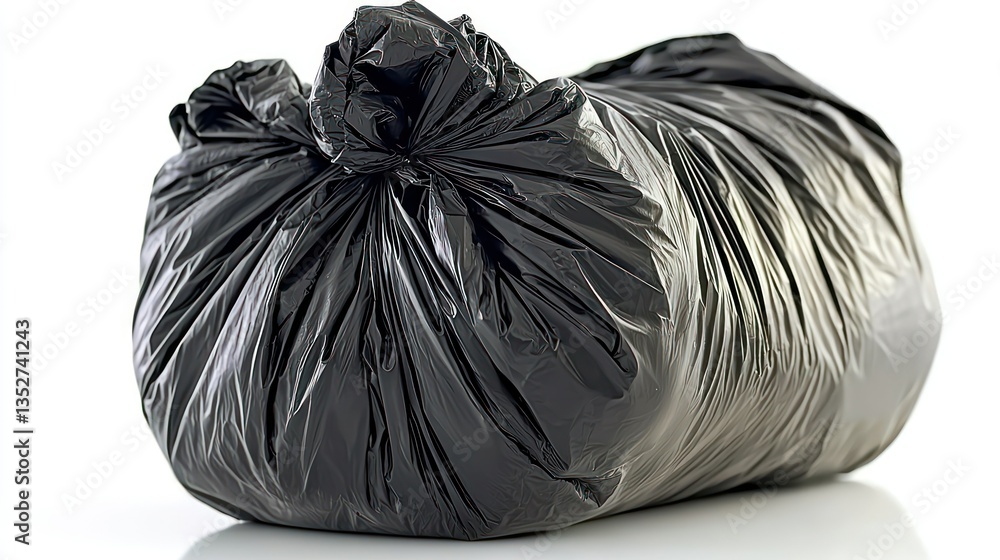 Black trash bag filled, tied tightly, sits on a reflective surface Black trash bag filled, tied tightly, sits on a reflective surface