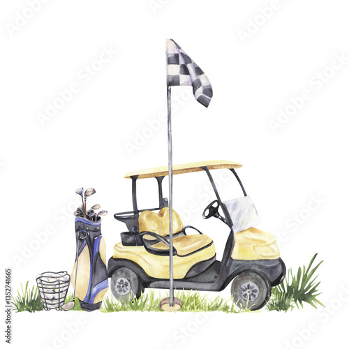 A golf cart parked near a checkered flag, with a golf bag, clubs, and a ball
