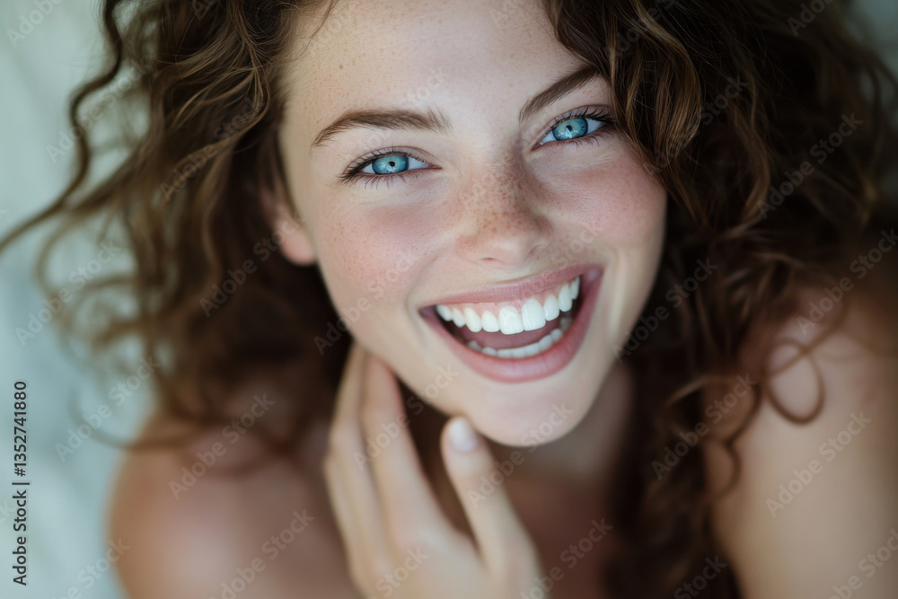 Portrait of a happy freckled woman showing perfect white teeth while smiling Portrait of a happy freckled woman showing perfect white teeth while smiling