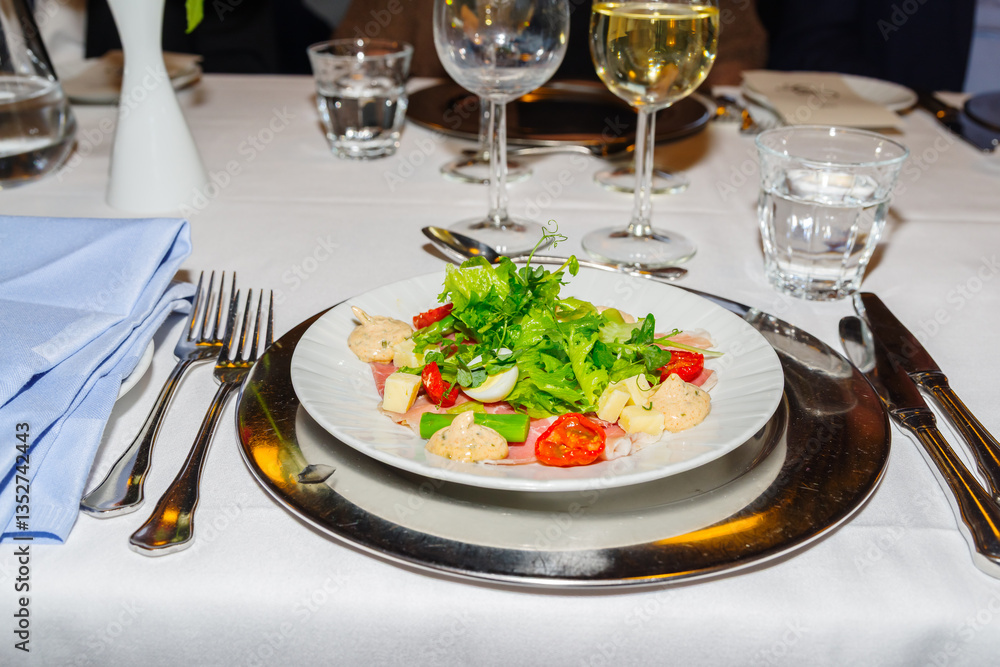 Fine Dining Table Setting: Salad Course at Restaurant Fine Dining Table Setting: Salad Course at Restaurant