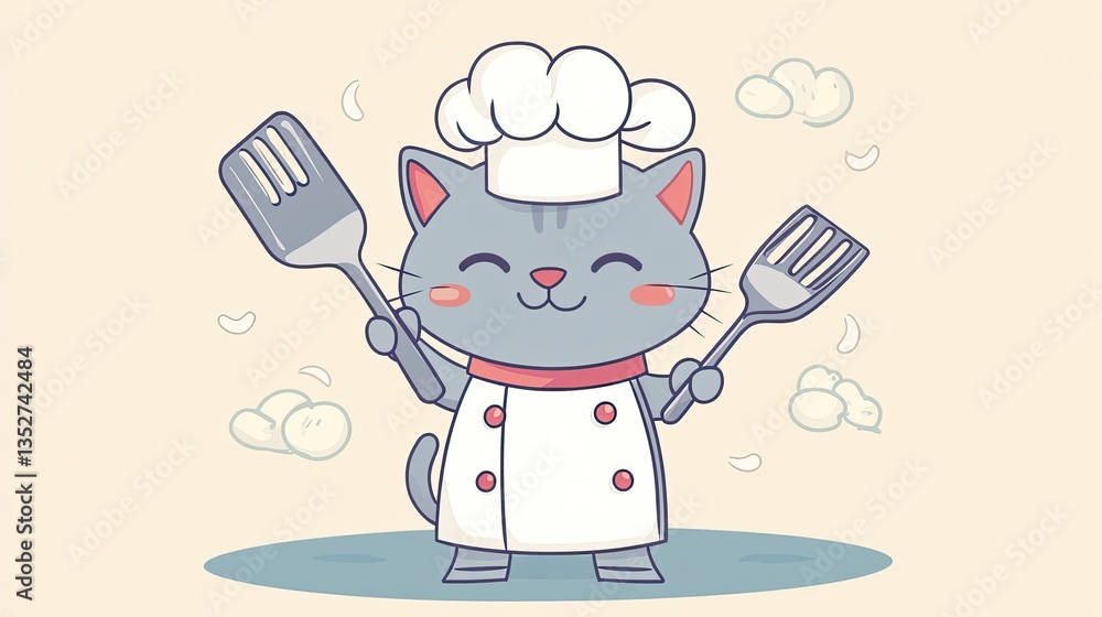 Cute cartoon cat chef holding a spatula, ready to cook. Perfect for food-related themes and children's content. Cute cartoon cat chef holding a spatula, ready to cook. Perfect for food-related themes and children's content.