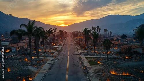 Burnt-out street, sunset over wildfire aftermath, aerial view. Possible use Stock photo