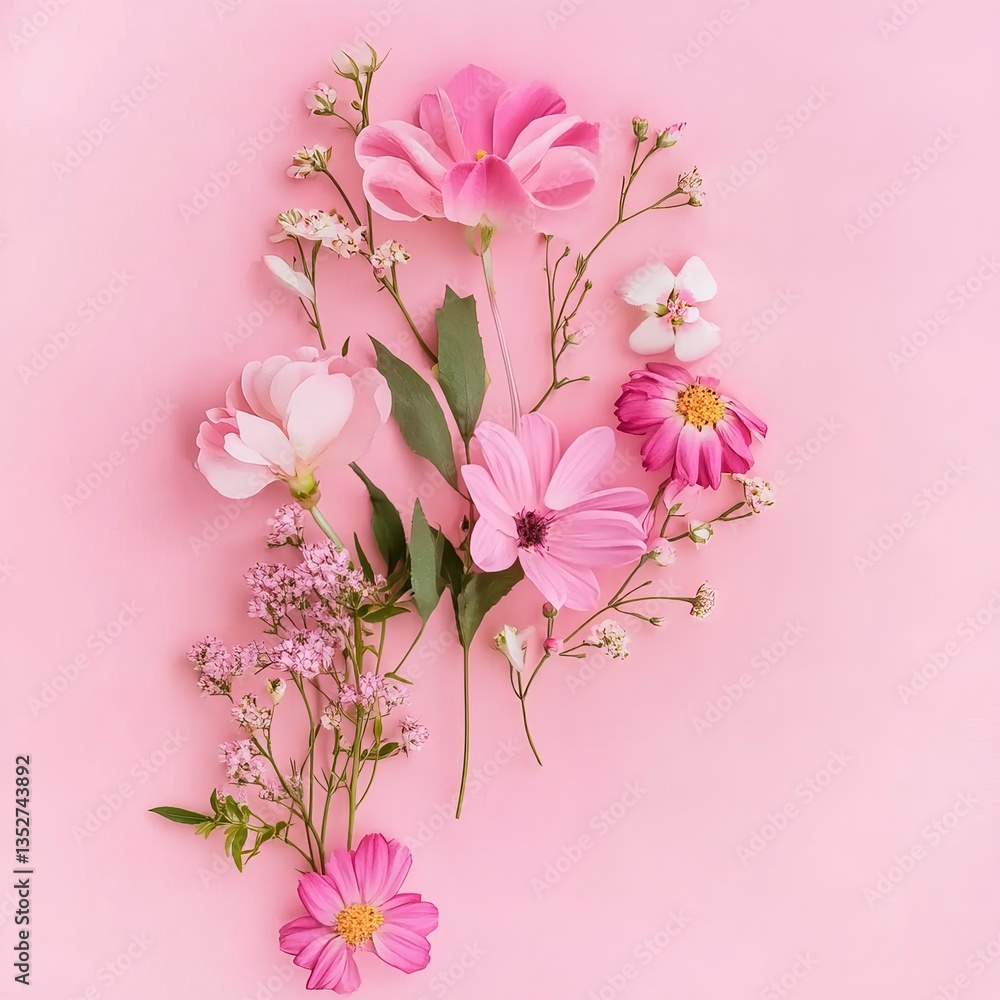 Fototapeta premium Flowers on a pink background, top view, flat lay, space for text, minimalistic, pastel colors, high-resolution, professional photograph, high-quality photo stock