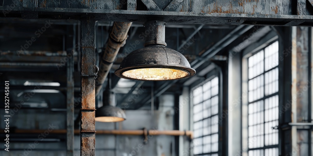 industrial lamps hanging from a ceiling in a warehouse. industrial lamps hanging from a ceiling in a warehouse.