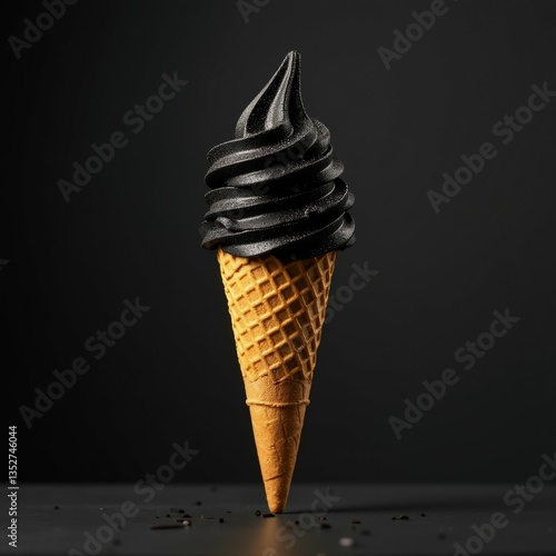 close ice cream cone cone waffle like material has golden brown color top cone covered thick layer black whipped cream which swirled spiral pattern background solid black color making cone stand out