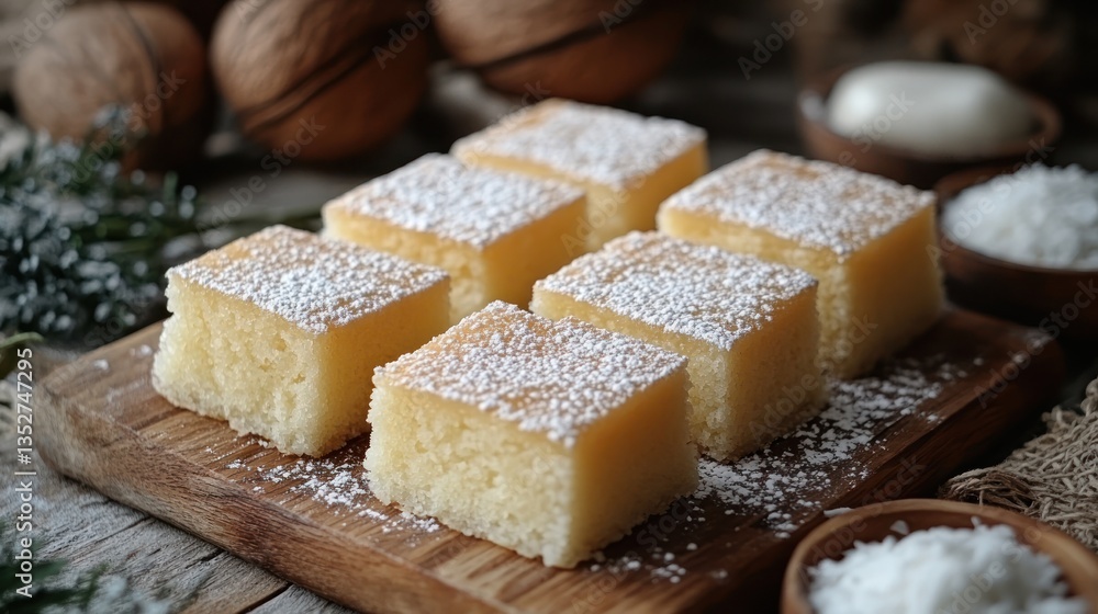 Square, light-colored cakes, dusted with powdered sugar, arranged on a wooden board. Nuts and coconut are visible in the background Square, light-colored cakes, dusted with powdered sugar, arranged on a wooden board. Nuts and coconut are visible in the background