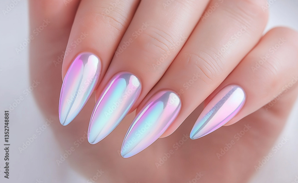 A close-up of a hand with long, pointed nails painted with a shiny, iridescent ombre effect in soft pastel shades of pink, purple, and blue. A close-up of a hand with long, pointed nails painted with a shiny, iridescent ombre effect in soft pastel shades of pink, purple, and blue.