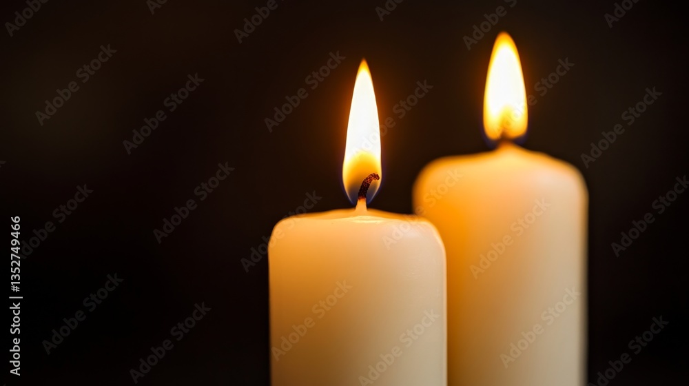 Two lit candles casting a warm glow in a dark background, creating a serene ambiance Two lit candles casting a warm glow in a dark background, creating a serene ambiance