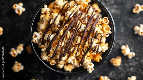Top down view of American caramel popcorn drizzled chocolate served in a large bowl on a rustic black background