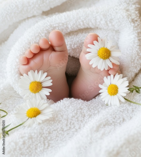 Baby feet nestled in soft towel with daisies.