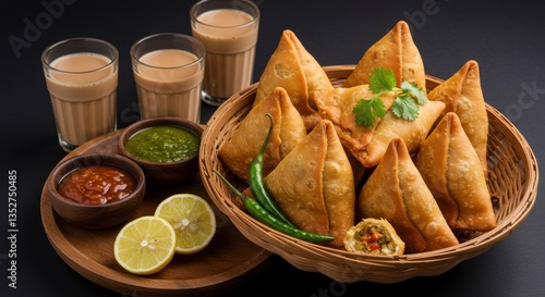 A basket of samosas with tea, chutney, and lemon slices on a wooden tray against a dark background