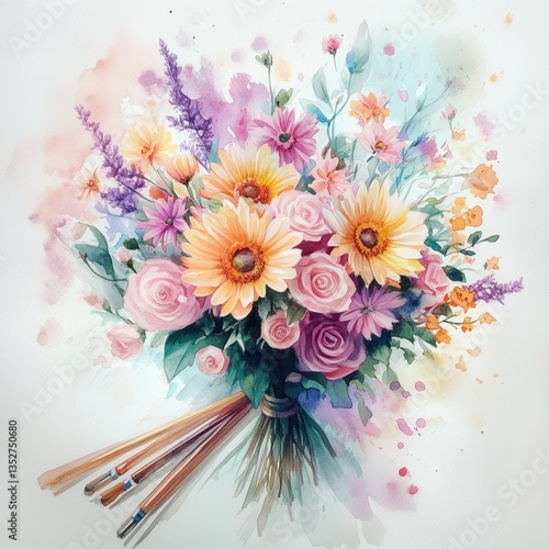 A bouquet of flowers is painted with watercolors