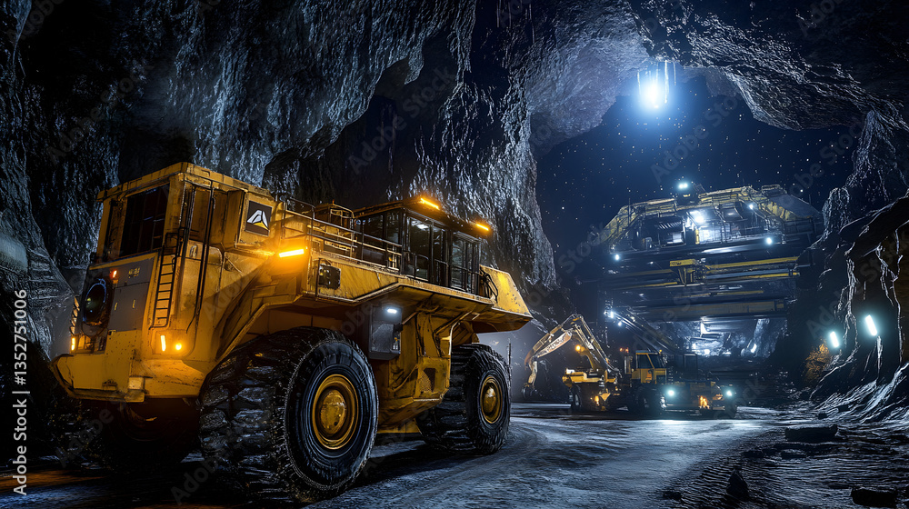 Massive mining dump truck inside an underground tunnel with blue lighting, illustrating industrial power and efficiency. Massive mining dump truck inside an underground tunnel with blue lighting, illustrating industrial power and efficiency.