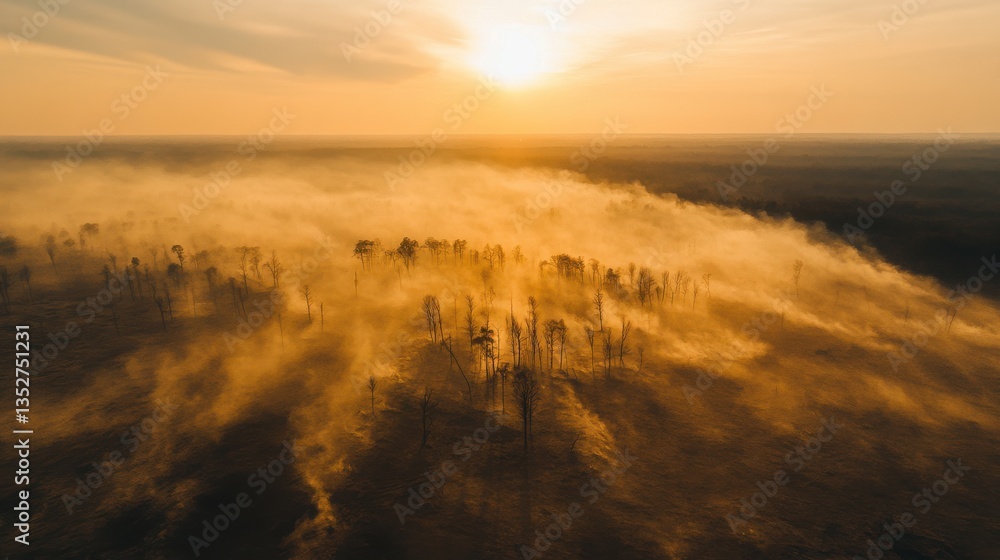 Golden Hour Landscape with Mist and Bare Trees in Serene Nature Golden Hour Landscape with Mist and Bare Trees in Serene Nature