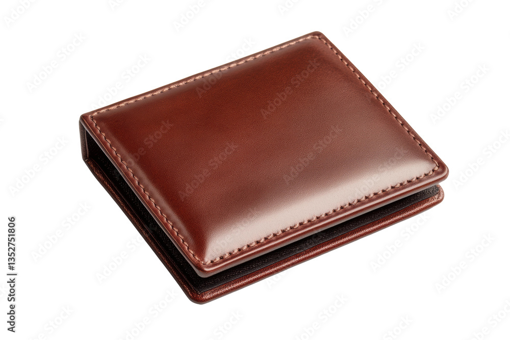 Elegant brown leather wallet with stitched edges on black background, cut out Elegant brown leather wallet with stitched edges on black background, cut out